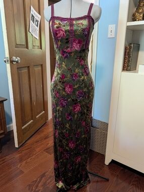 RARE Vintage Betsey Johnson Green Velvet Floral Maxi Dress with Magenta Roses